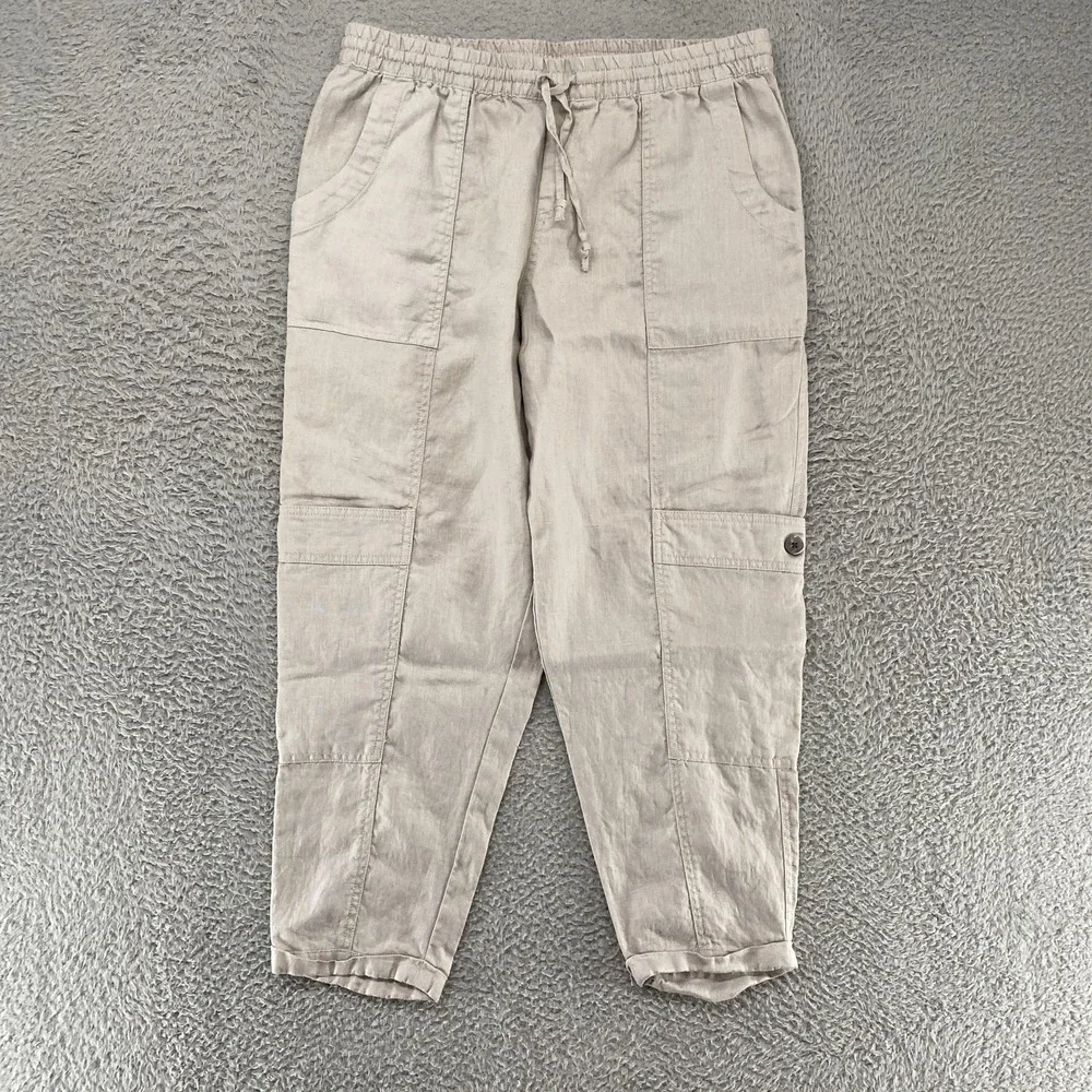 Garnet‎ Hill Linen Cargo Pants Womens Medium Gray Elastic Waist Travel Summer